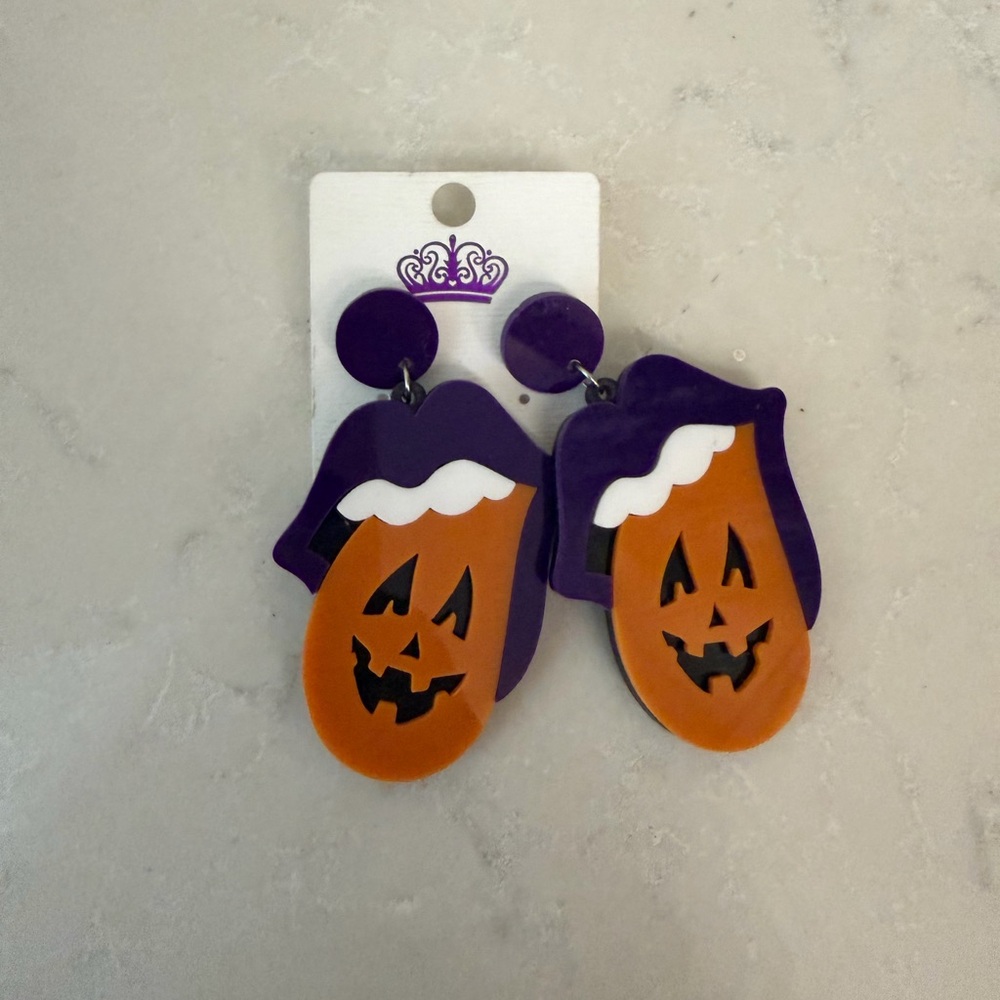 Halloween Jack-o'-Lantern Lips Acrylic Earrings - Purple & Orange